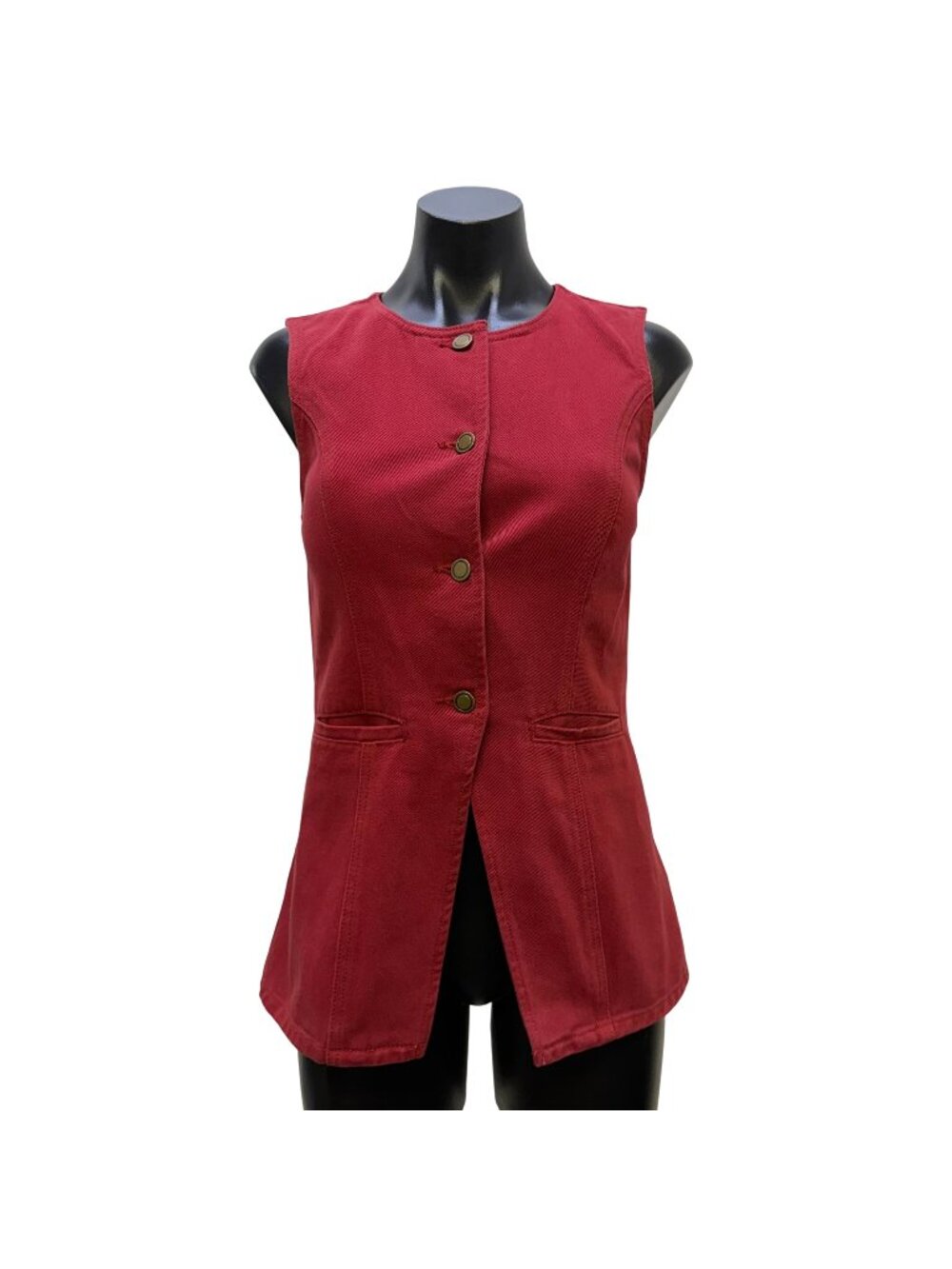 NWT Mon Renn Cherry Red Sleeveless Button-Front Denim Vest S